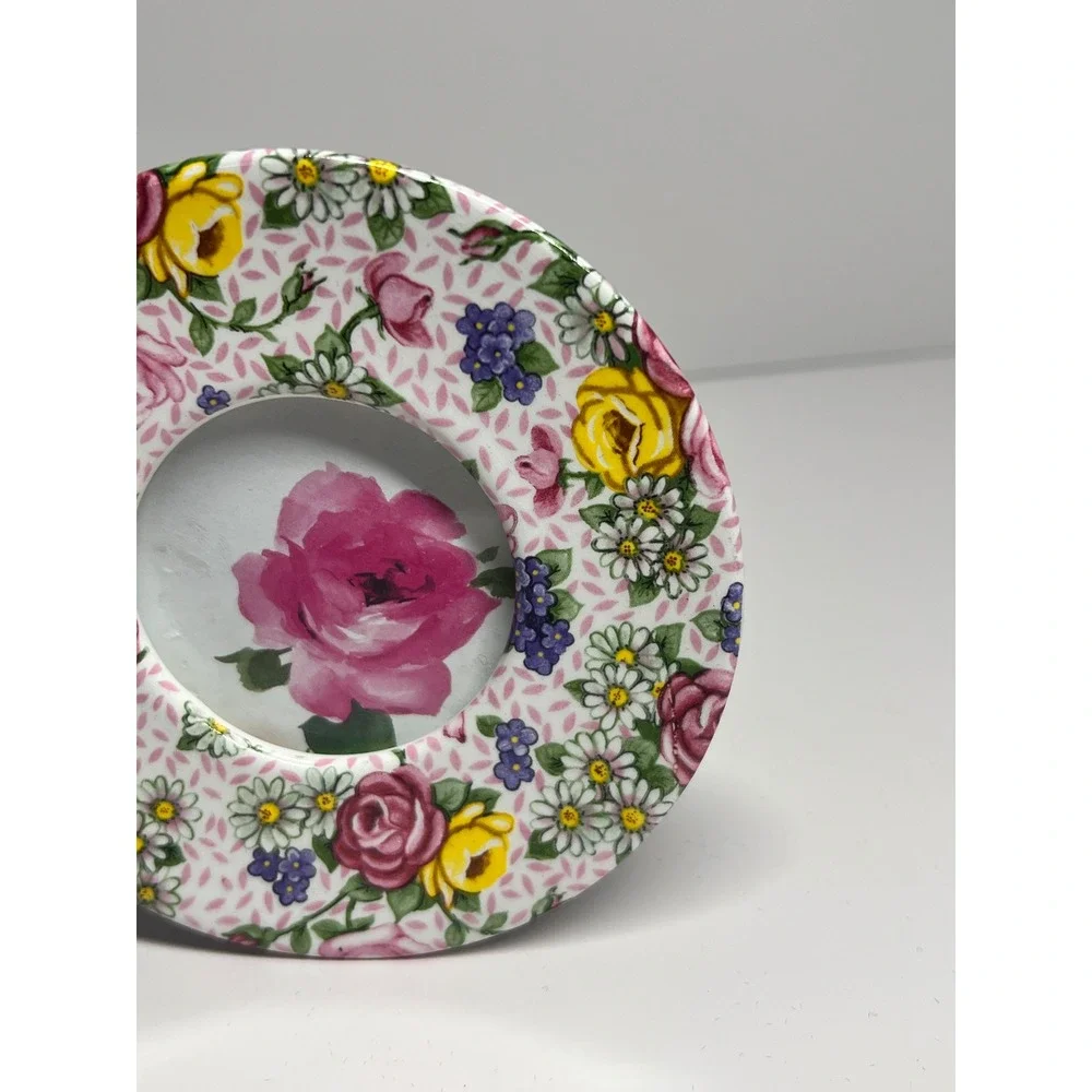 Carr Round Ceramic Floral Chintz Picture Frame Pink Yellow Purple 4 Inch